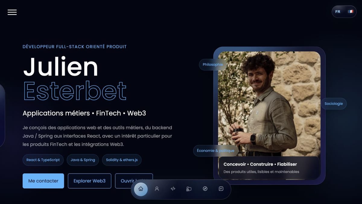 My-Website homepage presenting Julien Esterbet and his full-stack positioning